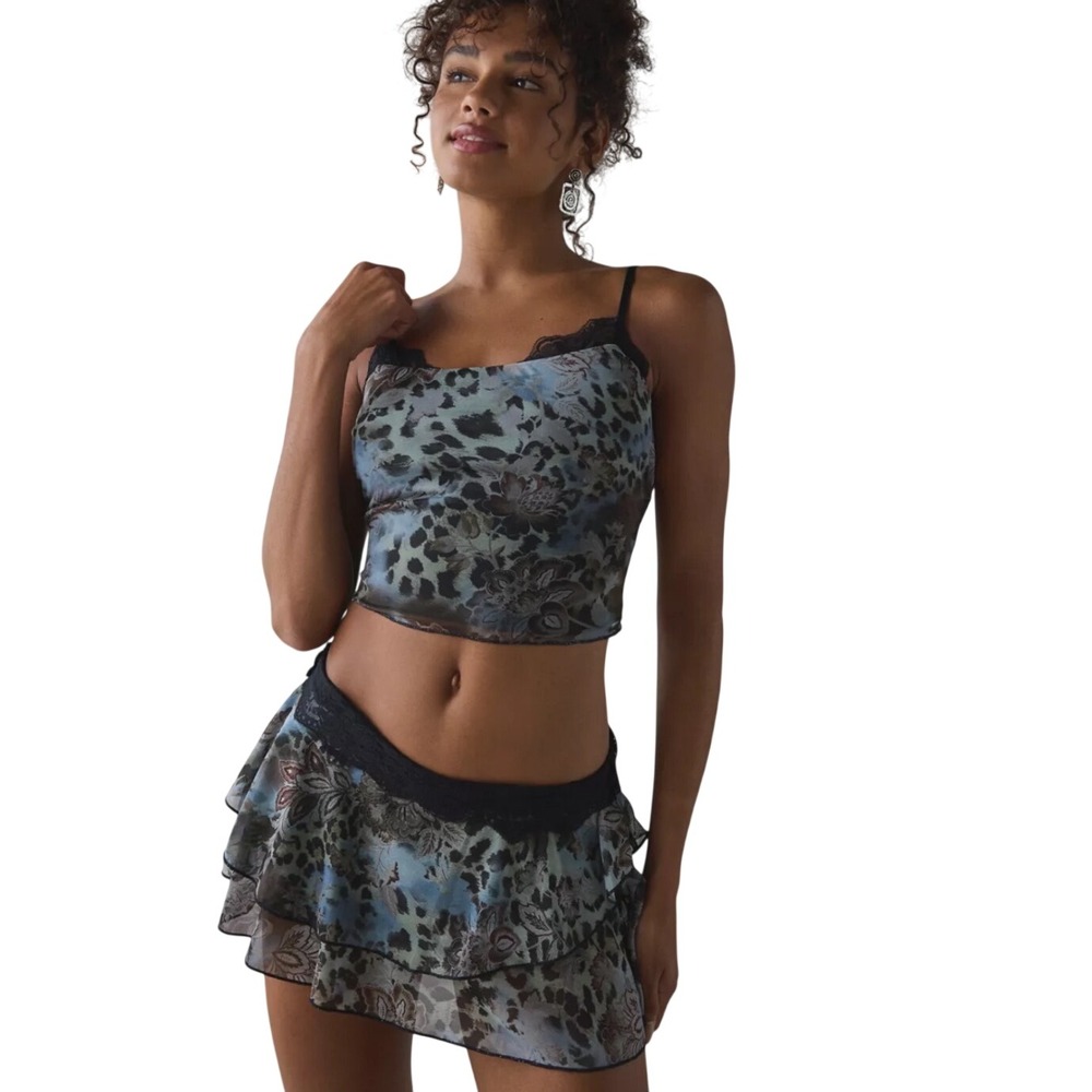 Urban Outfitters Y2 Leopard Floral Mesh Cami Mini Skirt Set Medium Fairy Grunge